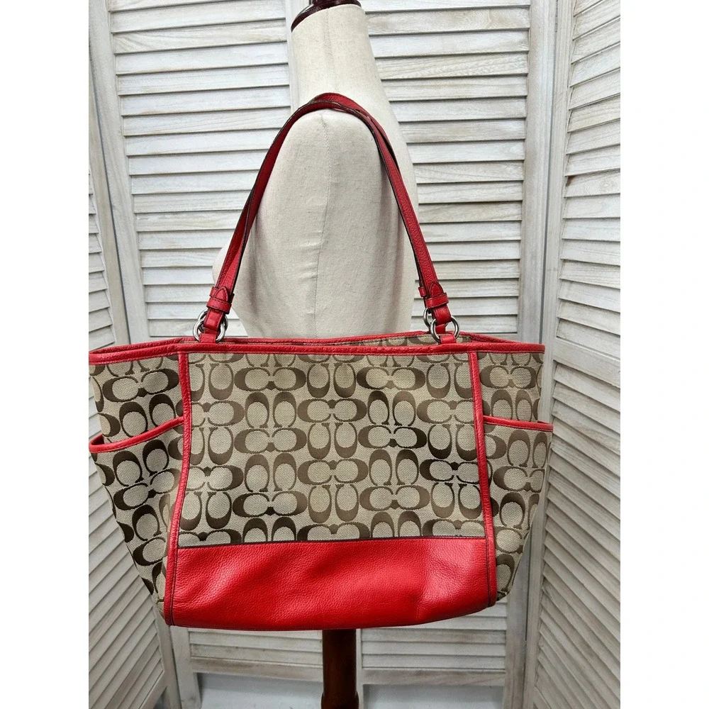 Coach Park Signature Carrie Tote F28728 Khaki Red Leather Monogram Shoulder Bag